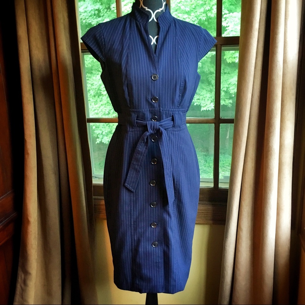 Calvin Klein navy pinstripe sheath dress